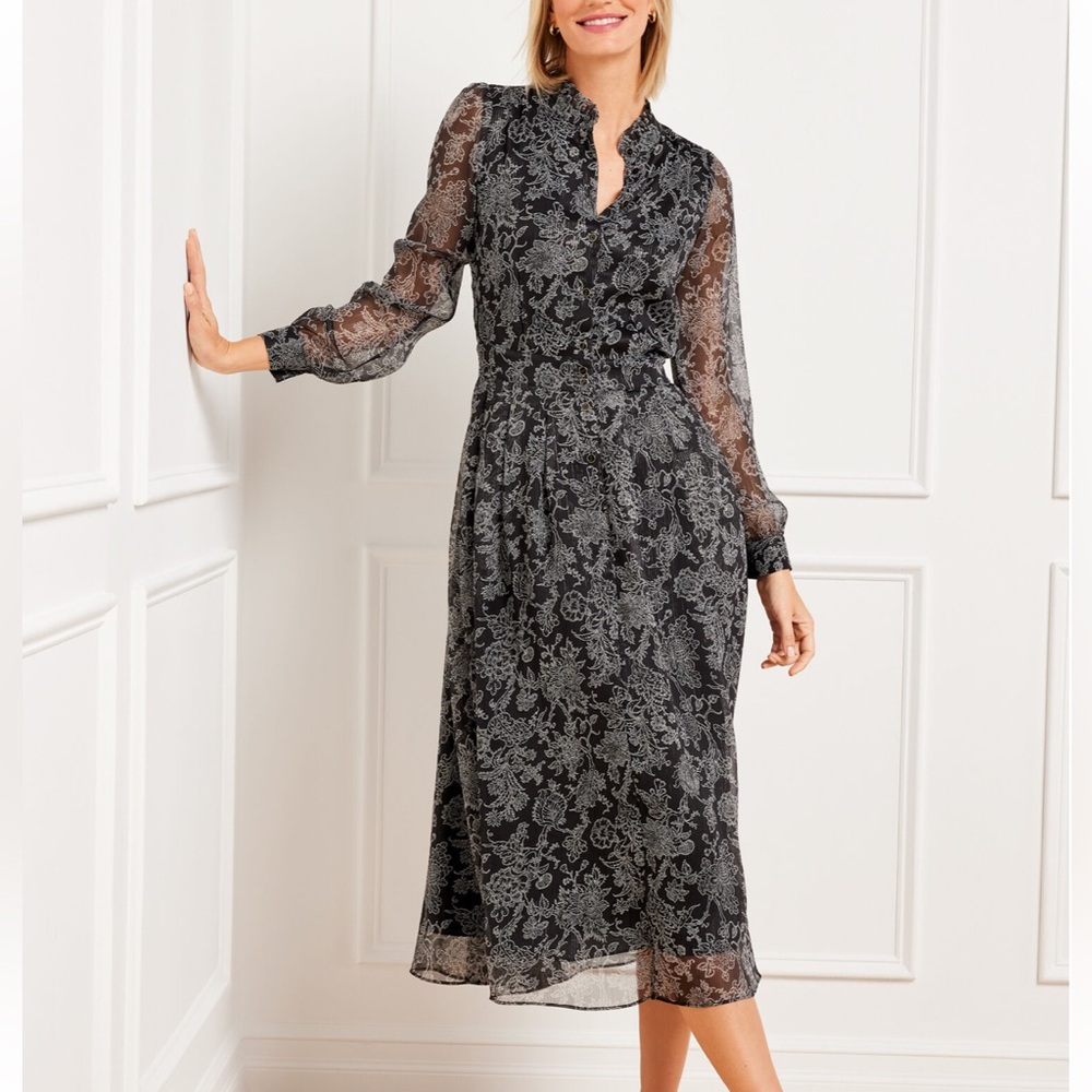 NWT Talbots METALLIC STRIPE FIT & FLARE SHIRTDRESS - JACOBEAN FLORAL